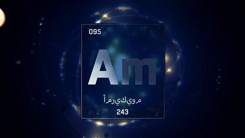 Americium as Element 95 of the Periodic Table 3D animation on blue background Video stock 128778649