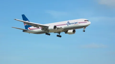 AmeriJet Boeing 767 Cargo Freighter Landing at Miami International Stock Footage 104404366