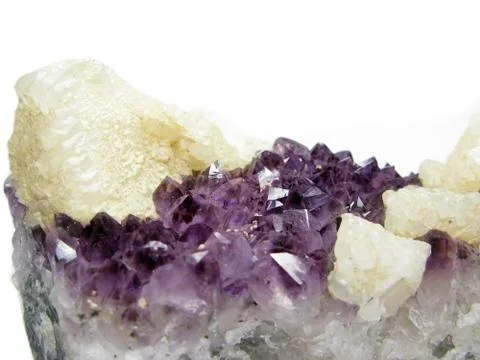 Amethyst geode geological crystals with calcite Stock Photos