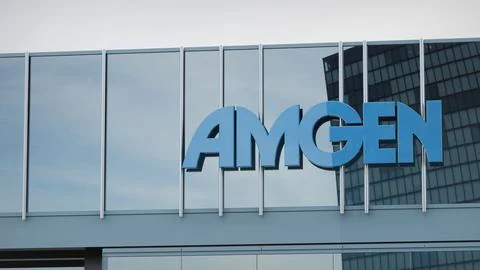Amgen Stock data presented on the logo of the office facade editorial Stock Photos