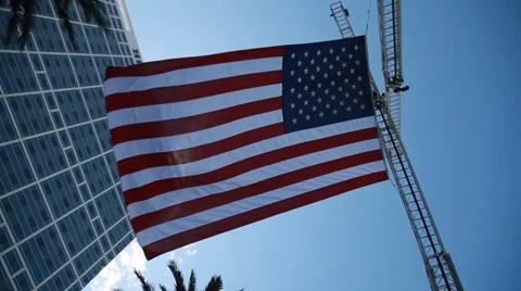 Amican Flag Between 2 Fire Trucks Stock Footage 36619604
