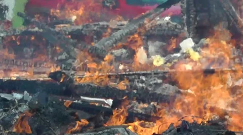 Amid the Force of Nature - Burning foundation of a house fire disaster Video stock 28461889