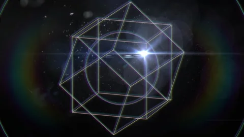 Amid starfield lines converging to polygon, forming cube, fragmenting morphing Stock Footage 312408244