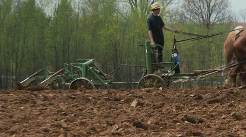 Amish boy plowing 8 Stock Footage 49537121
