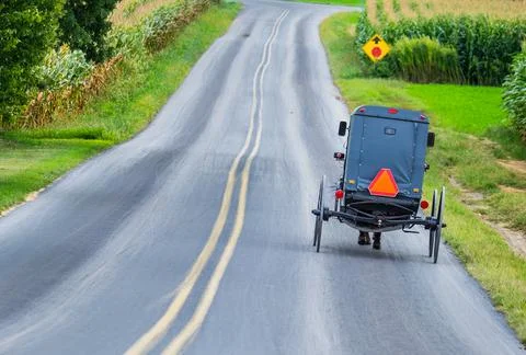 Amish Buggy Going Down Road in Rural Pennsylvania Foto stock