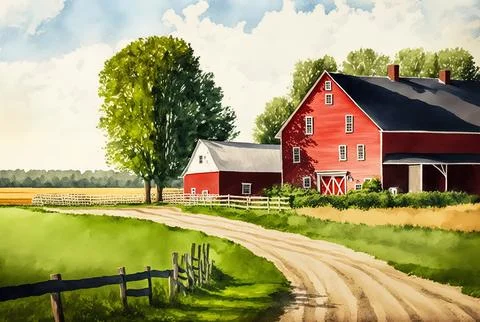 Amish Farm. Red barn and green fields. tourism in agriculture. a summer day. for Stock Illustration