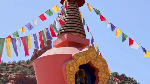 Amitabha Stupa Crown Surrounded by Prayer Flags Sedona Arizona Stock Footage 336383953