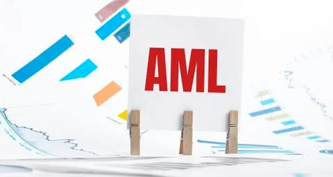 Aml text on paper sheet with chart, dice, spectacles, pen, laptop and blue an Stock Photos