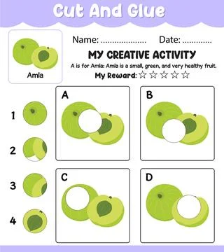 Amla Cut and Match Vector Worksheet, Preschool Learning Activity with Name,.. Stock Illustration