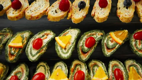 Amlet rolls with spinach and salmon. A dish of Japanese cuisine. Stock Footage 145706907