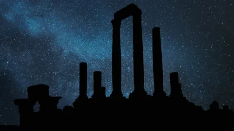 Amman: Hercules Temple by Night, Time Lapse with Stars and Milky Way Stock Footage 156676904