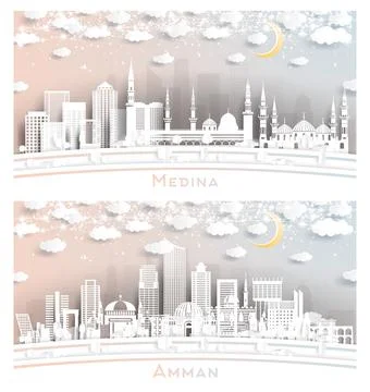 Amman Jordan and Medina Saudi Arabia City Skyline Set. Illustration 170871092