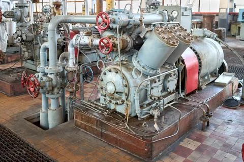 Ammonia refrigerant compressor as interior element of chemical enterprise Stock Photos