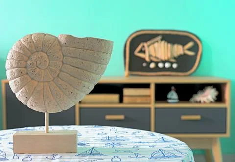 Ammonite shell on table in room decorated in marine style Stock Photos
