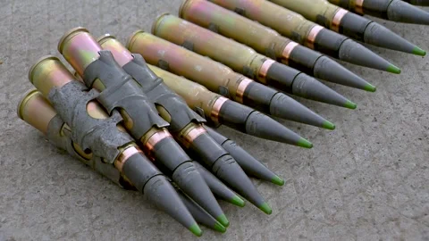 Ammunition belt with tracer shells for Armoured personnel carrier automatic Stock Footage 227177936