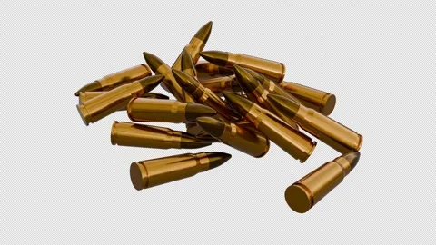 Ammunition Bullets Falling into Pile on a Transparent Background. 4K Stock Footage 333466022