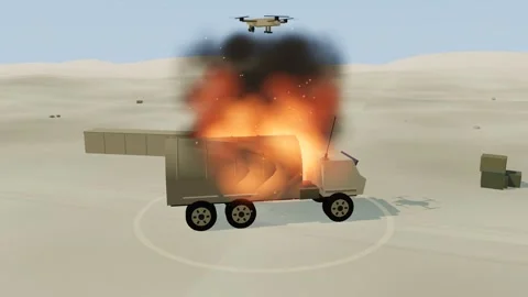 Ammunition cooks off in a burning vehicle in daylight Stock Footage 342390445