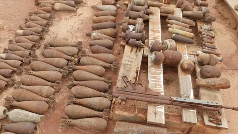 Ammunition old weaponry in bunker 4K Stock Footage 73332885