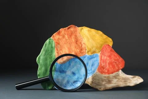 Amnesia problem. Brain with sections and magnifying glass on grey background Stock Photos