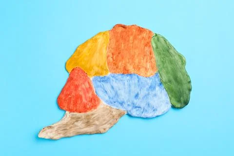 Amnesia problem. Brain with sections on light blue background, top view 스톡 사진