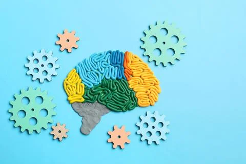 Amnesia problem. Brain with sections made of plasticine and gears on light .. 스톡 사진
