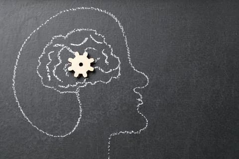 Amnesia problem. Drawing of head, brain and gear on black background, top v.. Stock Photos