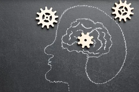 Amnesia problem. Drawing of head, brain and gears on black background, flat.. 스톡 사진
