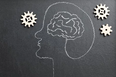 Amnesia problem. Drawing of head, brain and gears on black background, flat l 스톡 사진