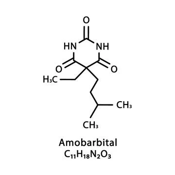 Amobarbital molecular structure. Amylobarbitone skeletal chemical formula Stock Illustration