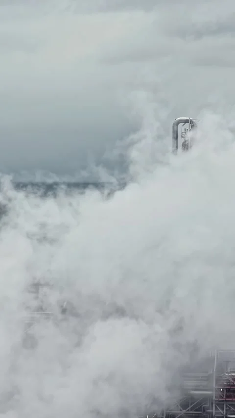 Amoco Industrial Zone Covered in Dense Steam Stockbeeldmateriaal 347704131