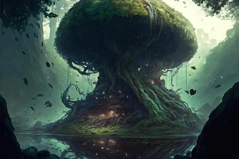 Among The Branches Of A Huge Tree By A Large Lake Or Bay Stock Illustration