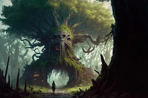 Among The Branches Of A Huge Tree By The Main Trade Road Stock Illustration