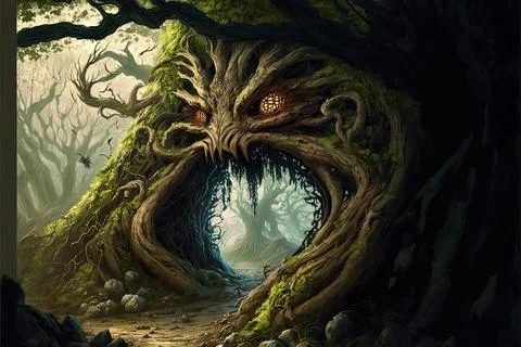 Among The Branches Of A Huge Tree Within A Valley Stock Illustration