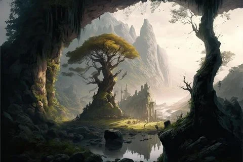 Among The Branches Of A Huge Tree Within A Valley Stock Illustration