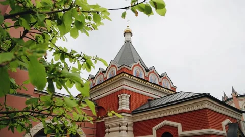 Among the branches of the tree you can see the building of a Christian temple Stock Footage 242445759