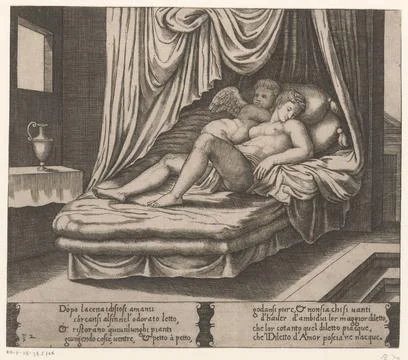 Amor and psyche together in the wedding bed; Story of Amor and Psyche. Amo... Stock Photos