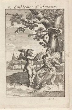 Amor with the Noorderster at a woman; Emblemes d Amour. Amor has a planeta... Stock Photos