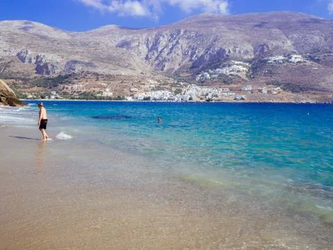 Amorgos, Greece-August 2,2017.The beutiful beach of Psili Ammos, with crystal Stock Photos