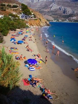Amorgos, Greece-August 2,2017.A higher view of the beautiful beach of Psili A Stock Photos