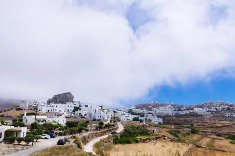Amorgos, Greece-August 2,2017.A panoramic view of the Chora of Amorgos, the c Stock Photos