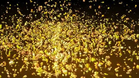 Amorphous mass of gold liquid particles, computer generated. 3d rendering of Stock-Illustration