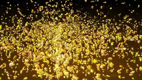 Amorphous mass of gold liquid particles, computer generated. 3d rendering of Stock Illustration