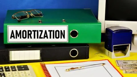 Amortization. Text label on the folder office of the Registrar. Foto stock