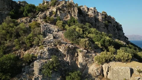 Amos Antik Kenti, Hellenistic Castle, Turkish Coast, 2nd Century BC, 4K Drone 스톡 동영상 331484899