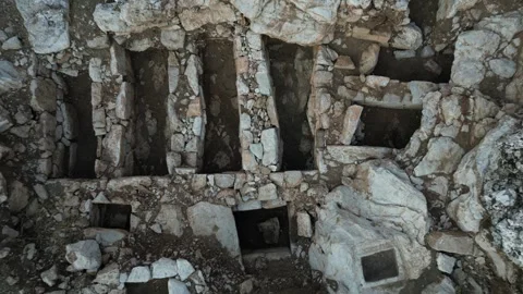 Amos Antik Kenti, Hellenistic Graves 200 BC, Rising Drone View, 4K Stock Footage 331480248