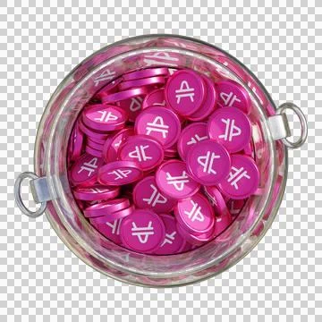 Amp in 3D crypto coin saving bank with stack coins on isolated background Foto stock