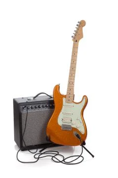 An amp and an electric guitar on a white background Stock Photos