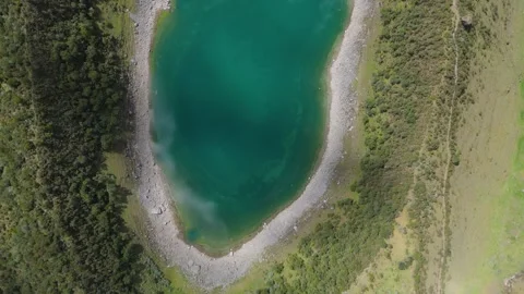 Ampay Lagoon and Snow-Capped Mountain, Top-Down View, Peru Stock Footage 343671861