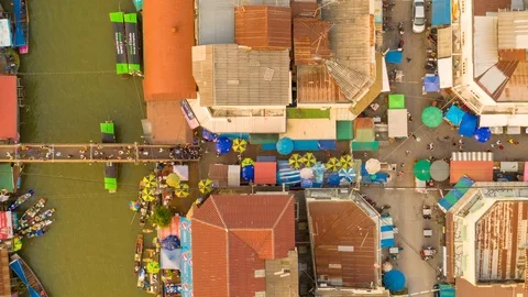 Amphawa Floating Market,Timelapse Hyperlapse Aerial view. Stock Footage 122301445