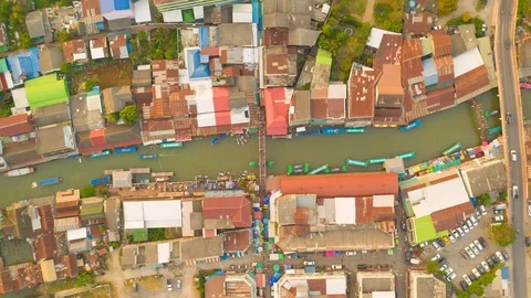 Amphawa Floating Market,Timelapse Hyperlapse Aerial view. Stock Footage 122301487